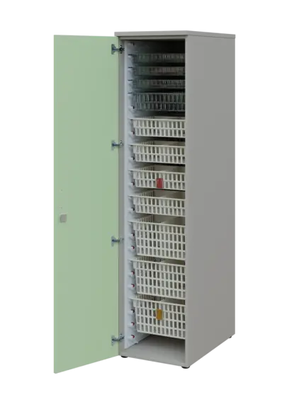 EUROMEDICA D - 46 skříň léková boxová, 1-dveřová, levá, 1950x460x735, korpus šedý, dvířka šedo-zelinkavá